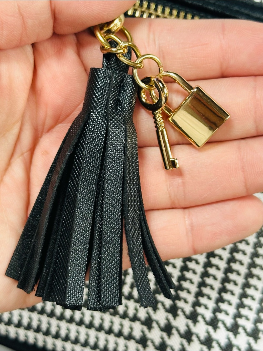 Claire's Black & White Houndstooth Mini Backpack with Gold Tassel - Picture 6 of 8